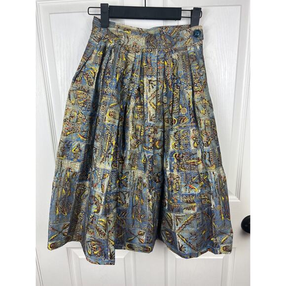 Vintage Doris Dodson Size 7 - 23 1/2 Blue Gold A Line Poplin Metallic Boho Skirt - Picture 8 of 9
